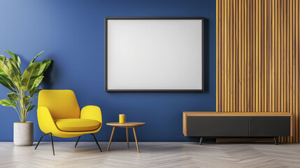 Modern living room with yellow chair, wooden accents, and blue wall