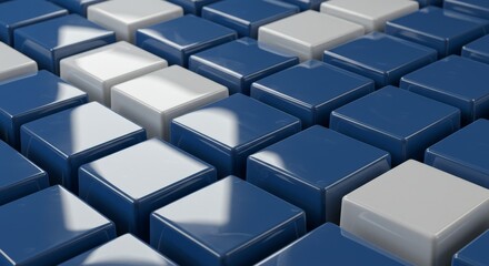 Upward View of Glossy Blue and White Cubes Grid - Abstract symbolizing order, contrast, balance, precision, and design. Glossy cubes create a visually appealing grid pattern