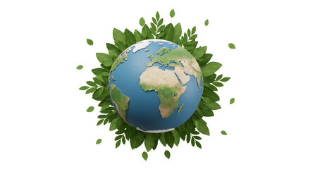 Sustainable Earth 3D Render of Planet Encircled by Lush Green Leaves, on white background