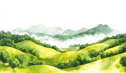 Watercolor painting of rolling hills and misty mountains. Lush green foliage, soft yellow tones