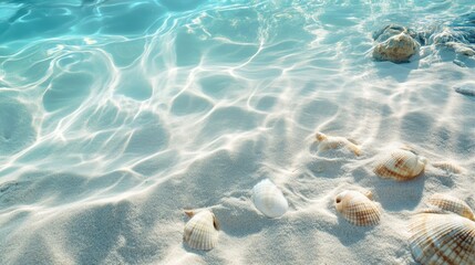 A pristine white sandy ocean floor with scattered seashells creates a serene underwater landscape, inviting exploration and tranquility