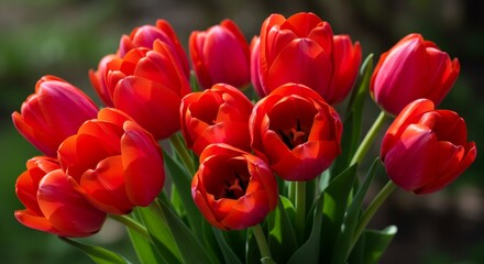 Fototapeta premium Vibrant Red Tulip Bouquet - A stunning bouquet of red tulips, symbolizing love, passion, perfect spring, new beginnings, and celebration
