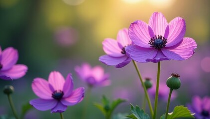 Fototapeta premium Beautiful background of purple anemone flowers in full bloom, background, floral, blooming