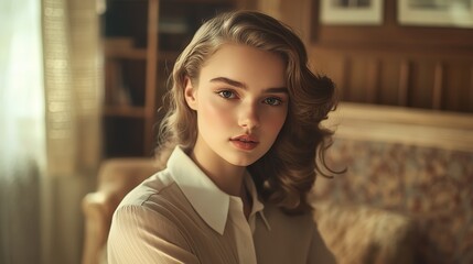 vintage fashion portrait young pretty woman 60s style,  woman sitting at living room 