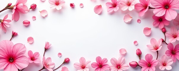 Beautiful white backdrop covered in scattered pink floral blossoms, decoration, vibrant