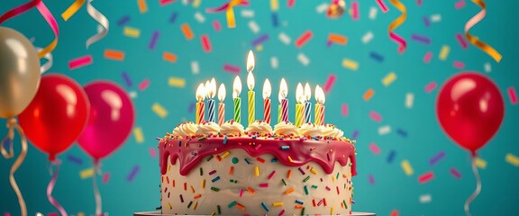 Birthday cake with candles, balloons & confetti, comic style background, playful, presents