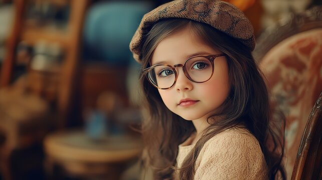 pretty young girl retro vintage 60s fashion portrait look cute and pretty wearing eyeglasses and Berette cap 