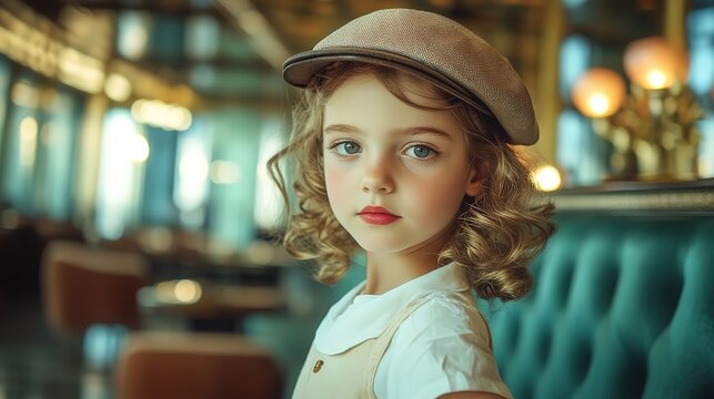 pretty young girl retro vintage 60s fashion portrait look cute and pretty in white cute shirt and Berette cap at luxurious home 