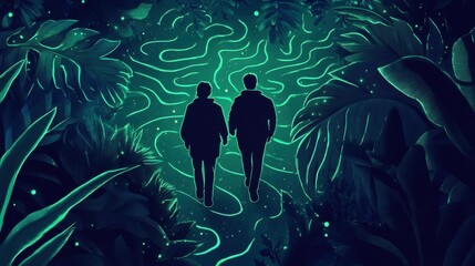 Obraz premium Silhouetted Figures Walking Through a Luminous Forest Pathway
