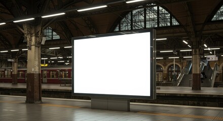 Blank Advertisement Board at Train Station - Empty billboard, train platform, nighttime, urban transport, advertising space. Represents opportunity, potential, visibility, and public access