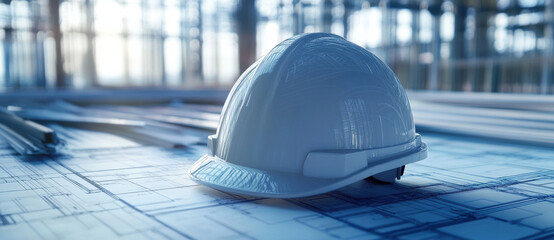 white hard hat rests on blueprints, symbolizing construction and engineering. scene conveys sense of professionalism and safety in work environment