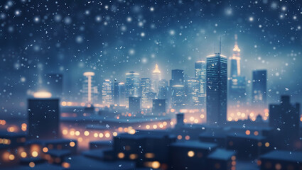 Blurred evening city lights and light snowfall