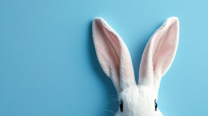 Obraz premium White Rabbit Ears Peeking Out on Blue Background: Close-Up Shot with Copy Space for Text or Design.