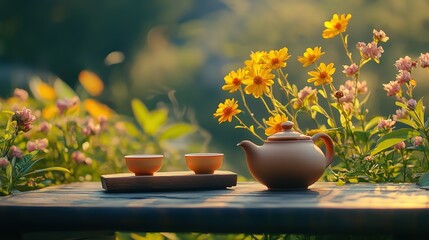 mid-autumn festival, two cup of teas and pot at outdoor tea table with flowers blossoming