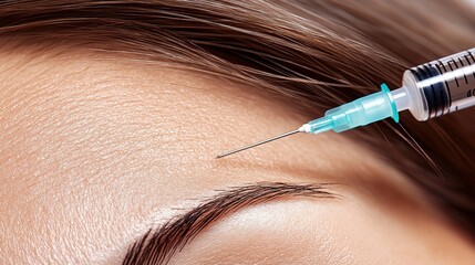 forehead wrinkle Botox injection, botulinum toxin injections, a non-surgical cosmetic procedure, close up needle and syringe injecting 