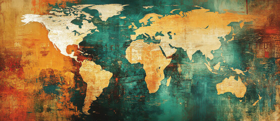 colorful world map illustration featuring vibrant orange, teal, and white tones, showcasing continents and oceans with textured background