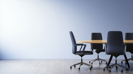 modern conference room with round wooden table and black chairs, creating professional atmosphere
