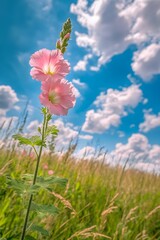 Obraz premium Pink Hollyhock Flowers Against Blue Sky and Grass Field
