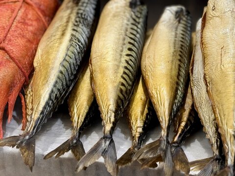 Explore the Remarkable Smoked Fish Display,Prepared for Unforgettable Culinary Delights. Selection of delicious smoked fish showcasing incredible culinary craftsman ship and fresh