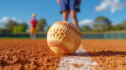 Baseball with Paw Prints Resting on Baseline Surrounded by Players Ready for Play on Sunny Day