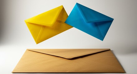 Colorful Envelopes Landing in Mailbox - Two vibrant envelopes, yellow and blue, descending into a brown envelope, symbolizing communication and message delivery