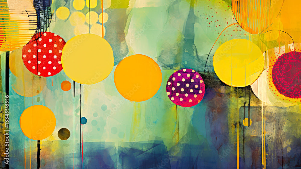 Poster colorful abstract artwork featuring large polka-dotted circles against a vibrant background of blue 