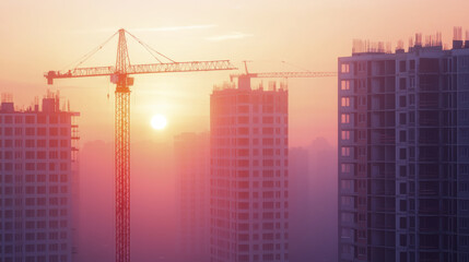 Obraz premium Sunrise over construction site with cranes and buildings, creating serene atmosphere