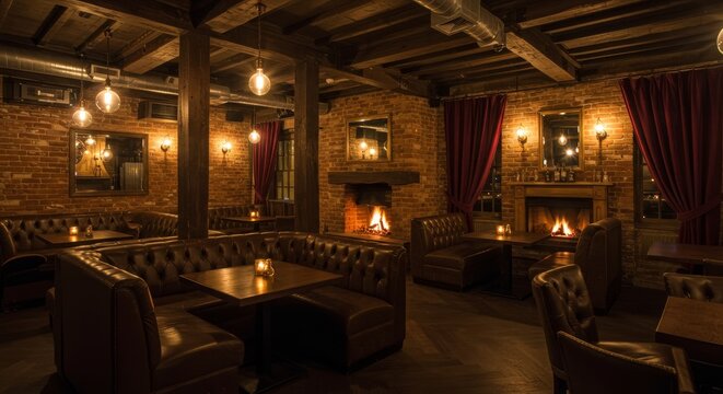 Cozy Brick Restaurant Interior - Warm inviting restaurant, exposed brick, fireplace, comfortable booths, intimate atmosphere. Symbolizes comfort, luxury, relaxation, togetherness, and warmth