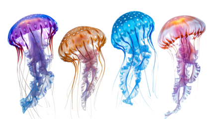 4 colorful jellyfish isolated on a transparent background, detailed photo, png 