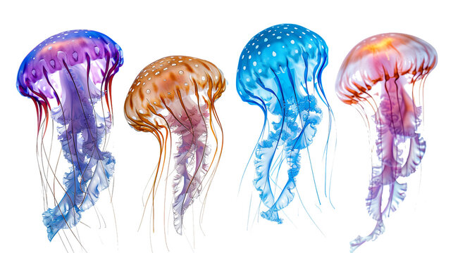 4 colorful jellyfish isolated on a transparent background, detailed photo, png 