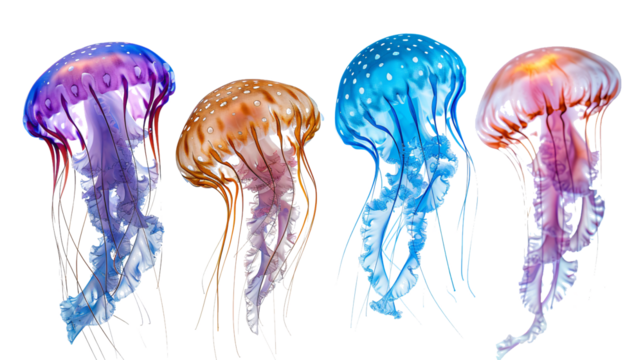 4 colorful jellyfish isolated on a transparent background, detailed photo, png 