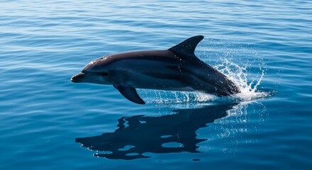 Fototapeta premium Dolphin Leaps From Ocean Waves - A playful dolphin emerges from the ocean, symbolizing freedom, joy, grace, marine life, and aquatic beauty