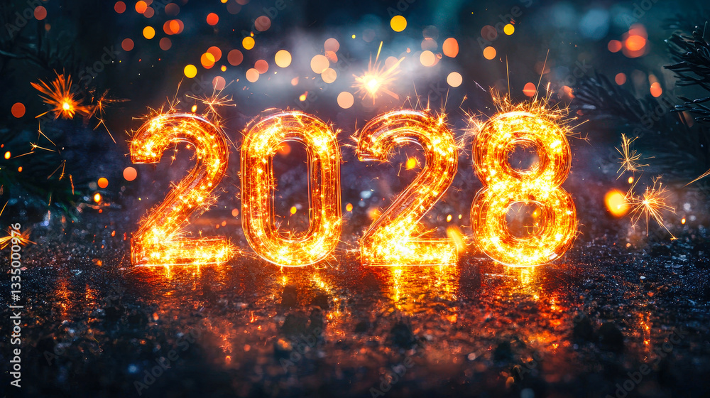Poster brightly lit numbers 2028 shimmer with sparklers, creating a festive atmosphere filled with colorful