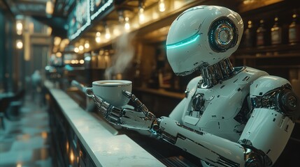 Robot barista serves steaming coffee at a bar