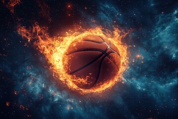 An orange basketball drifts through a vast expanse of space, engulfed in fiery flames and surrounded by swirling cosmic clouds and stars