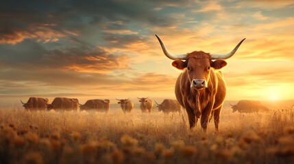 Magnificent herd of Texas Longhorn cattle grazing peacefully in an open golden prairie their massive curved horns standing out against the dramatic serene sunset sky