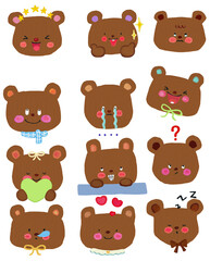 Doodle emoji cute bear , colorful painting texture . Bear face emotions  sticker . Transparent, background .