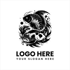 Grunge koi fish vector logo, distressed black ink illustration in traditional Japanese art style