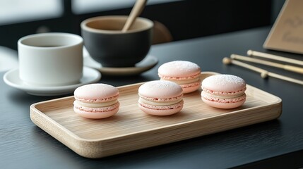 Fototapeta premium Wooden tray with four pink macarons on it. the tray is placed on a black table with a white cup and saucer on the left side and a black mug on the right side.
