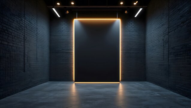 Black room studio with mock upa black wall and spotlights with warm light