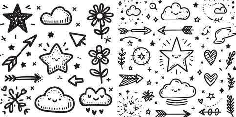 Naklejka premium Cute line sketch star, arrow, cloud decoration element icon set. Hand drawn sketch doodle cute star, heart, flower element. Line text decoration scribble shape icon. Hand drawn Vector illustration