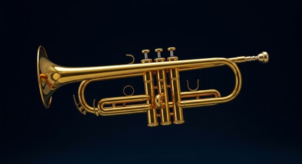 Fototapeta premium Golden Trumpet on Dark Background - A gleaming gold trumpet is shown against a deep blue background. The instrument is sharply focused and appears new