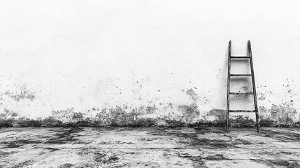 Wooden Ladder Against Textured Wall in Grayscale Photo for Minimalist Interior Design