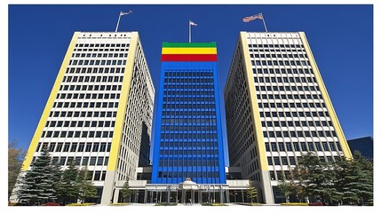 Three skyscrapers, center building blue with Ethiopian flag.