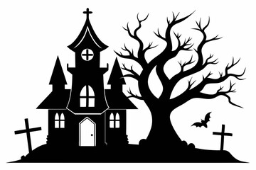  a haunted house with tree and cross icon line art silhouette vector illustration