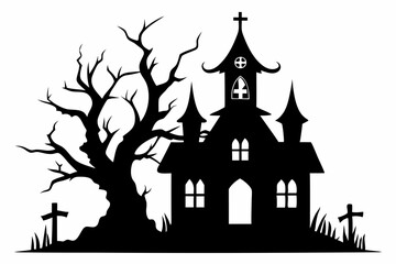  a haunted house with tree and cross icon line art silhouette vector illustration