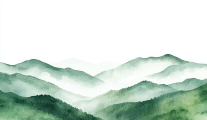Misty mountain range landscape.  Soft, watercolor-style depiction of a hazy, verdant mountain range.  Soft-edged, muted green tones blend into hazy mist