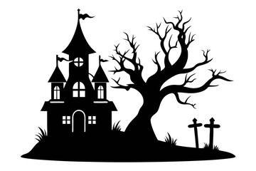  a haunted house with tree and cross icon line art silhouette vector illustration