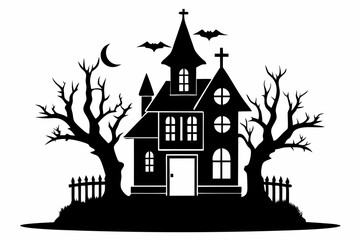  a haunted house with tree and cross icon line art silhouette vector illustration