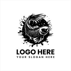 Minimalist grunge koi fish logo, distressed black ink vector illustration with Japanese brush art style